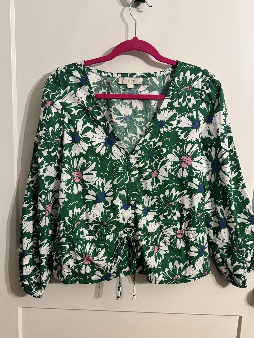 LOFT Blouse Womens Petite LP Green Floral Button V Neck Drawstring Waist Top